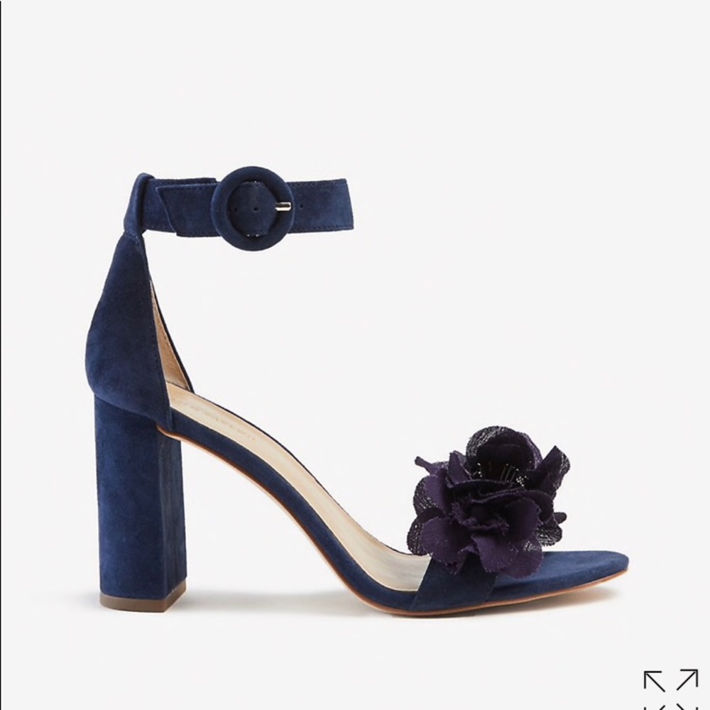 Leannette Flower open toe heels in navy suede